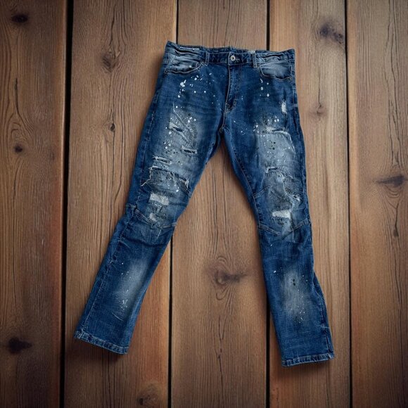 Smoke Rise Denim Co. Slim Straight Jeans Paint Distressed Grunge 36 x 32 - Picture 1 of 9